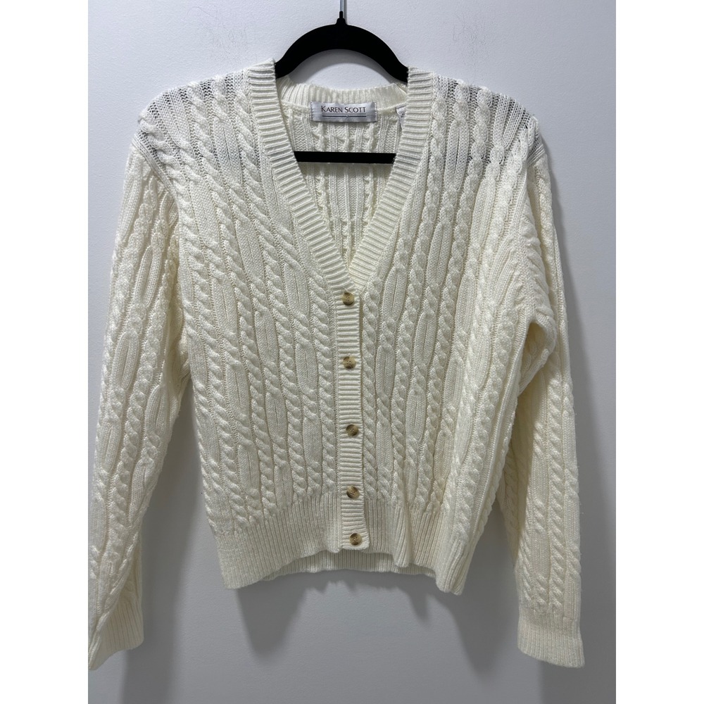 Karen Scott Womens Cream Cable Knit Button Front V-Neck Cardigan Sweater Size S